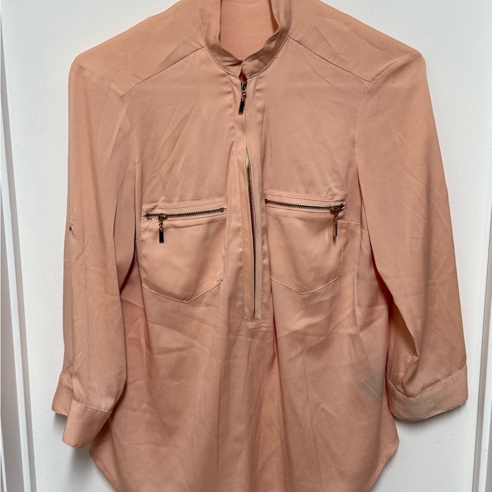 bebe Light Coral Button Down Shirt with Zip Pockets